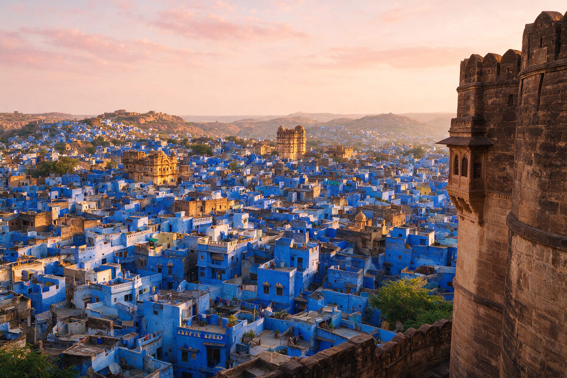Blue painted houses of old Jodhpur seen from the walls of Mehrangarh Fort at golden hour