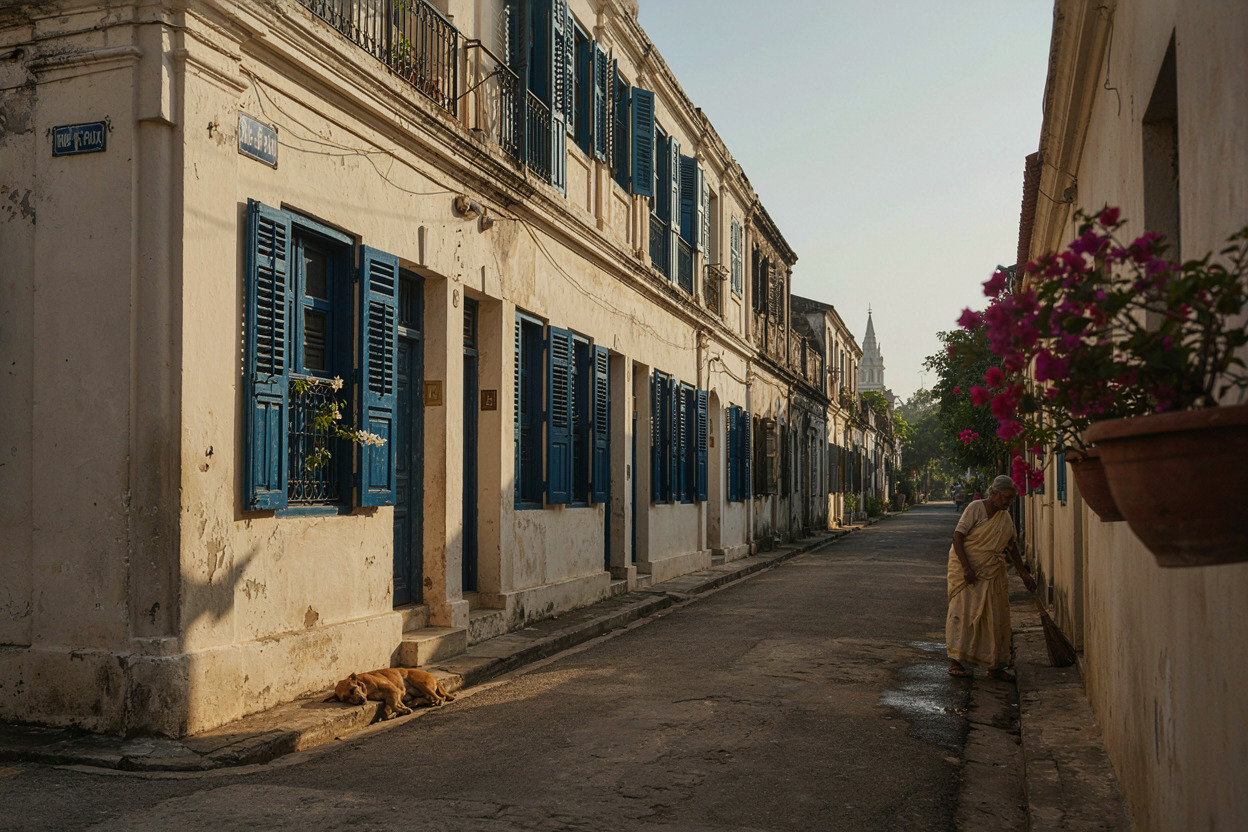 Cream coloured colonial houses with blue shutters on a quiet lane in Pondicherry's French Quarter in early morning light