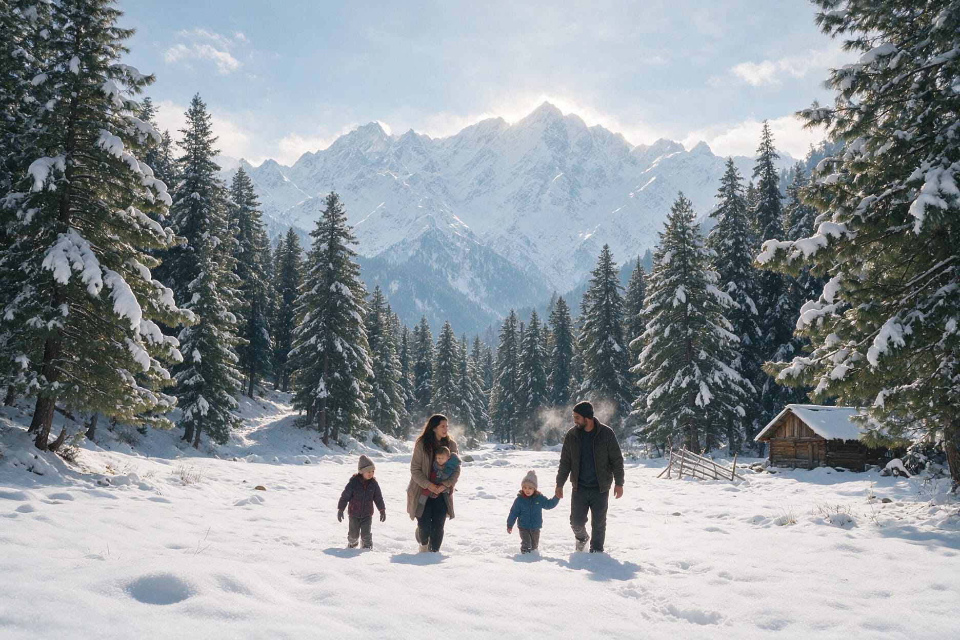 Family walking through snow covered Manali valley with pine trees and mountains in the background