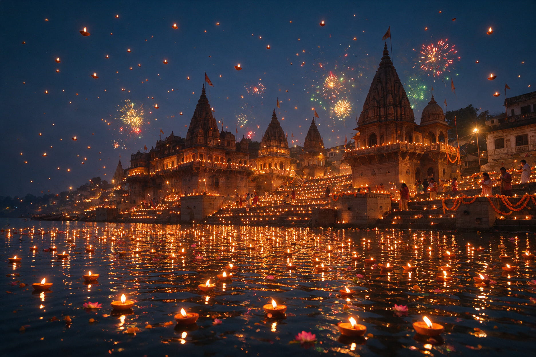 Lit diyas floating on the Ganges at Varanasi during Dev Deepawali in November