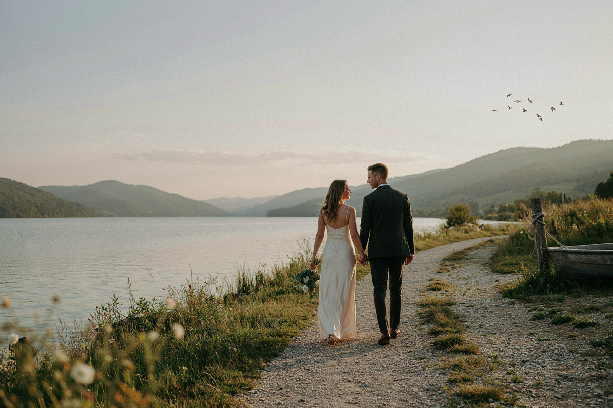 Newly married couple walking along a quiet lakeside path in the hills at sunrise