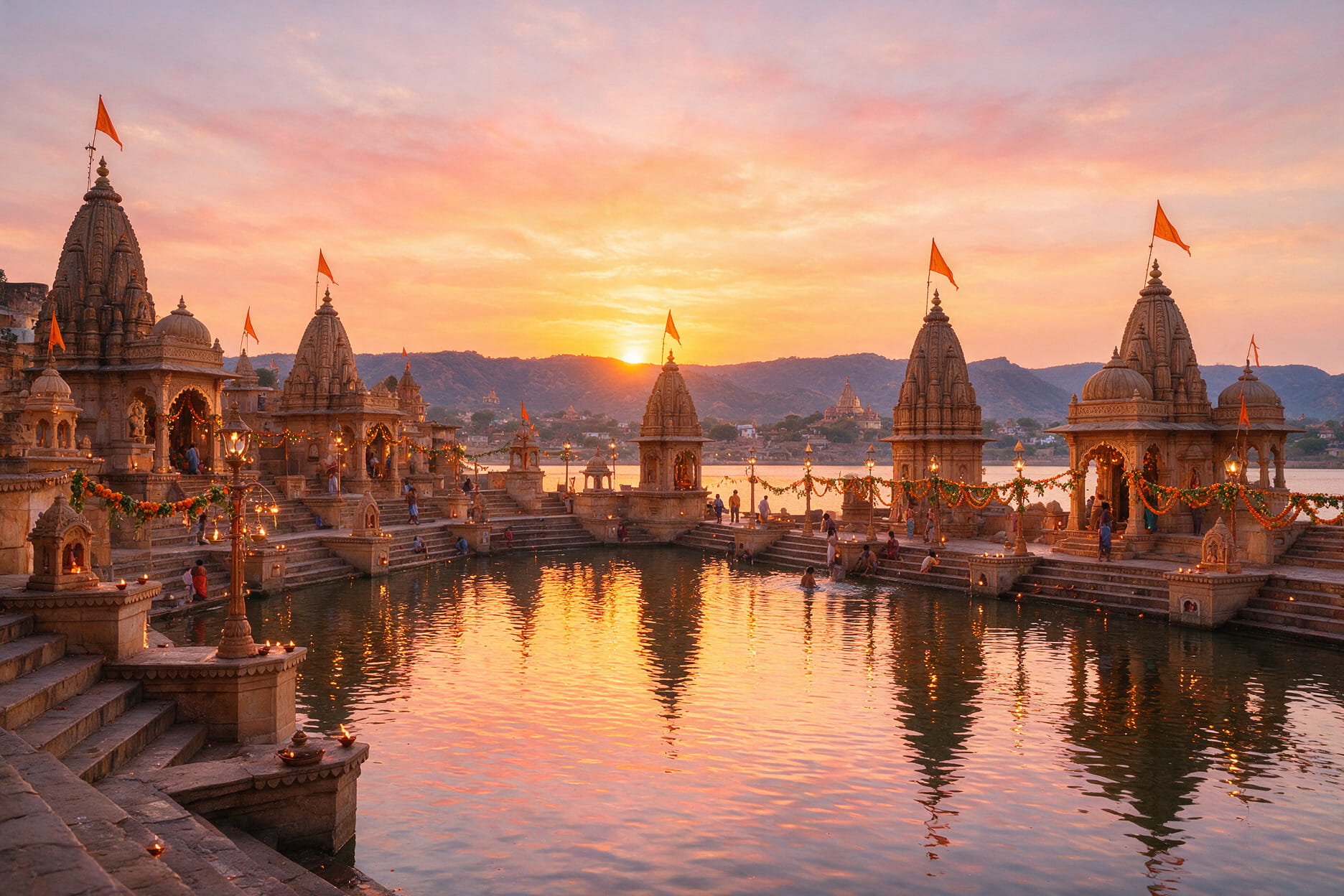 Pushkar Lake at sunset with temple ghats and the Aravalli hills visible in the background