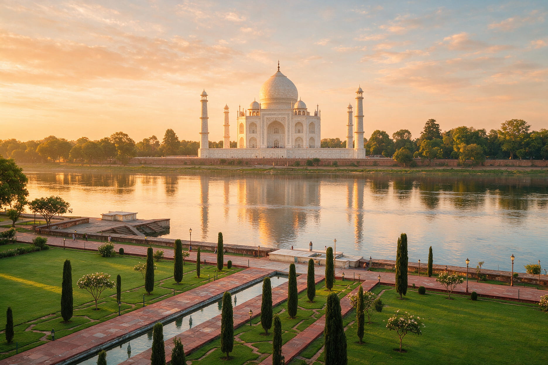 The Taj Mahal at sunrise with the Yamuna River visible from the rear garden viewpoint