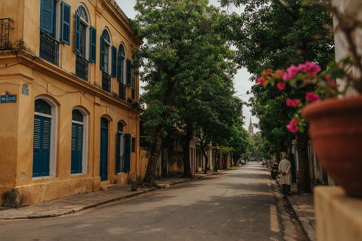 Yellow colonial building with blue shutters on a tree lined street in the French Quarter of Pondicherry