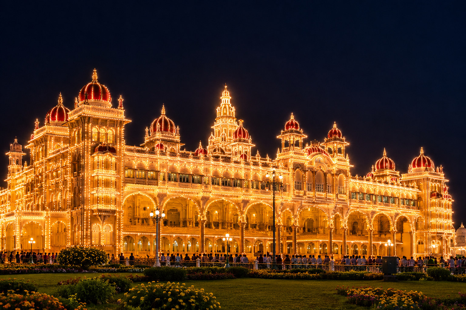 Mysore Palace illuminated with thousands of lights at night during the Dasara festival