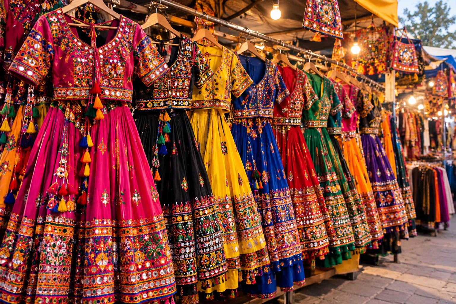 Rows of colourful embroidered chaniya choli sets hanging at a street market stall during Navratri season