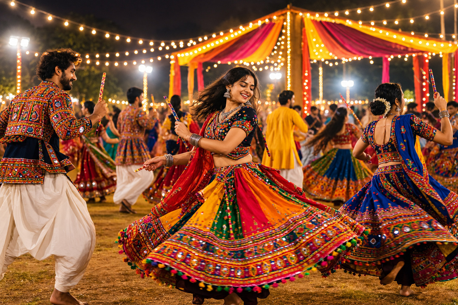 Dancers performing garba in traditional chaniya choli at a lit ground during Navratri night