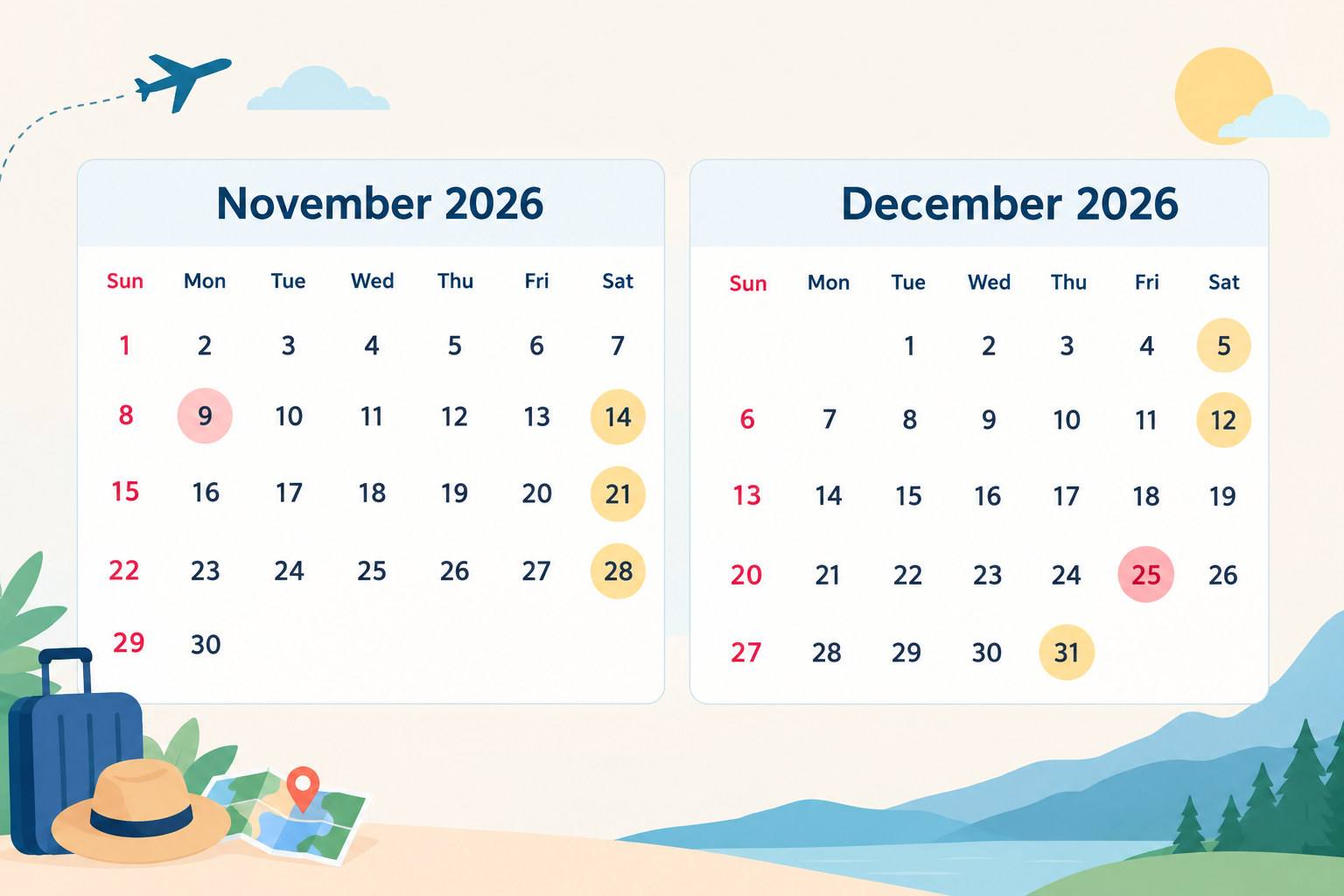 Calendar page showing November and December 2026 with holiday dates highlighted for trip planning